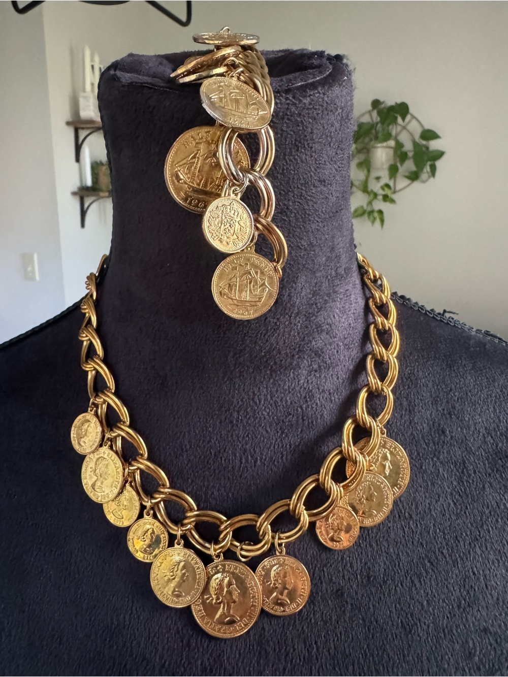 VTG Gold Tone Coin Charm Necklace/Bracelet Set